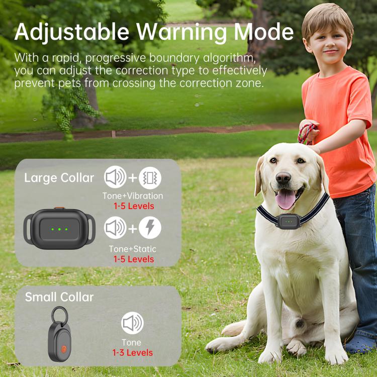 Adjustable electric dog fence collar on large dog, warning mode with tone and vibration levels