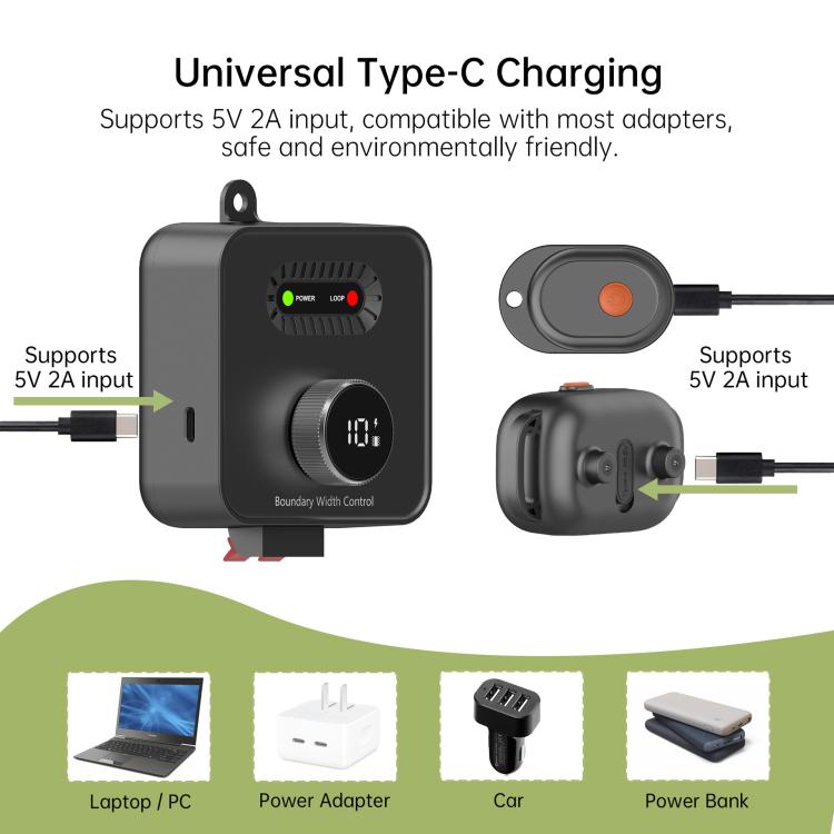 Electric dog fence transmitter with Type-C charging ports, showing charging plug and cable