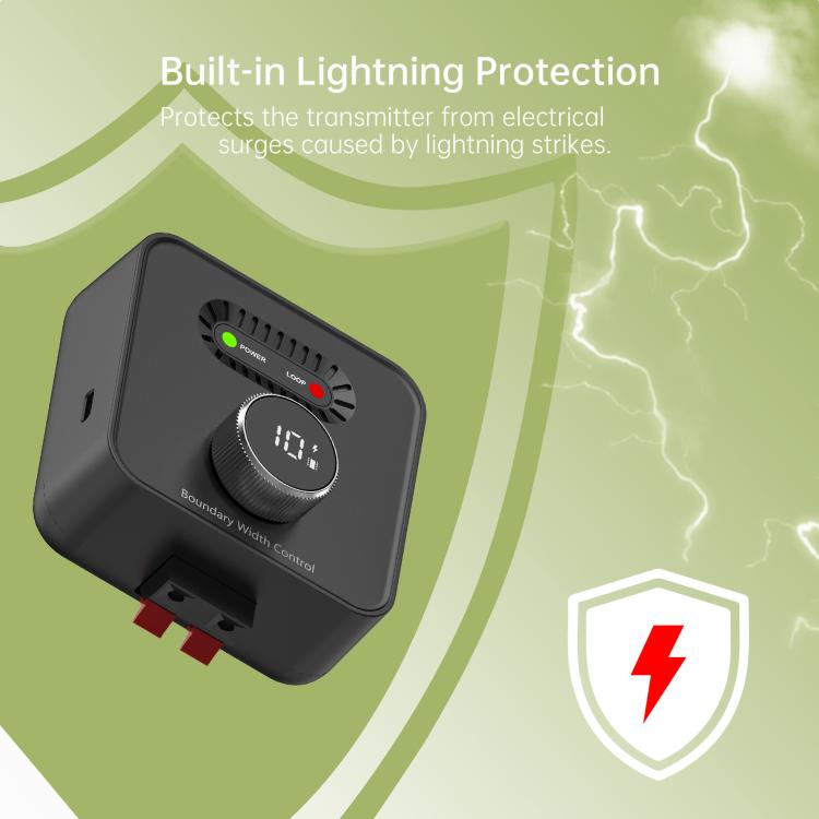 Electric dog fence transmitter with built-in lightning protection status controls