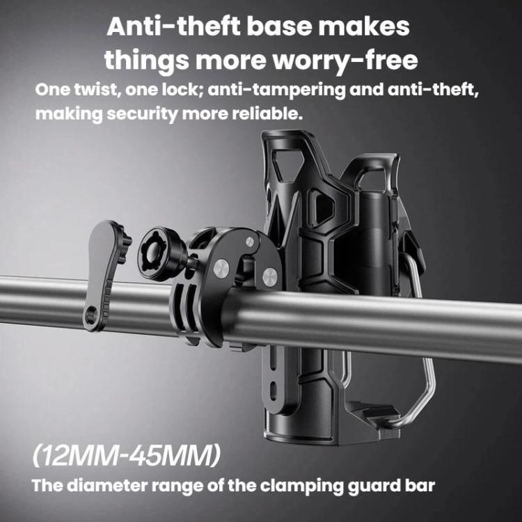Black anti-theft cup holder base with clamp and locking hardware for handlebars