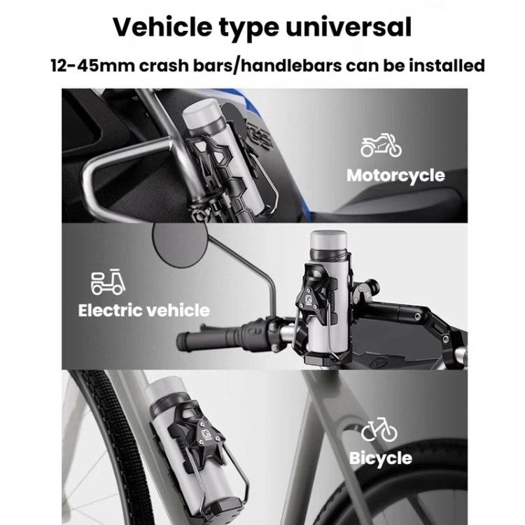 Universal bottle cup holder clamp shown for motorcycle, e-bike, and bicycle bars