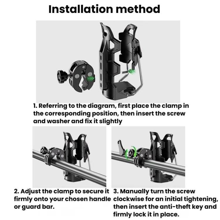 Cup holder installation steps with adjustable clamp and anti-theft key lock slot