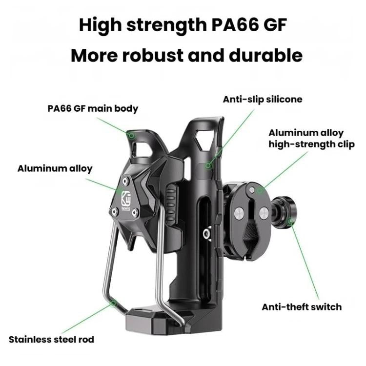 Durable black bottle holder with aluminum clip and anti-slip silicone liner