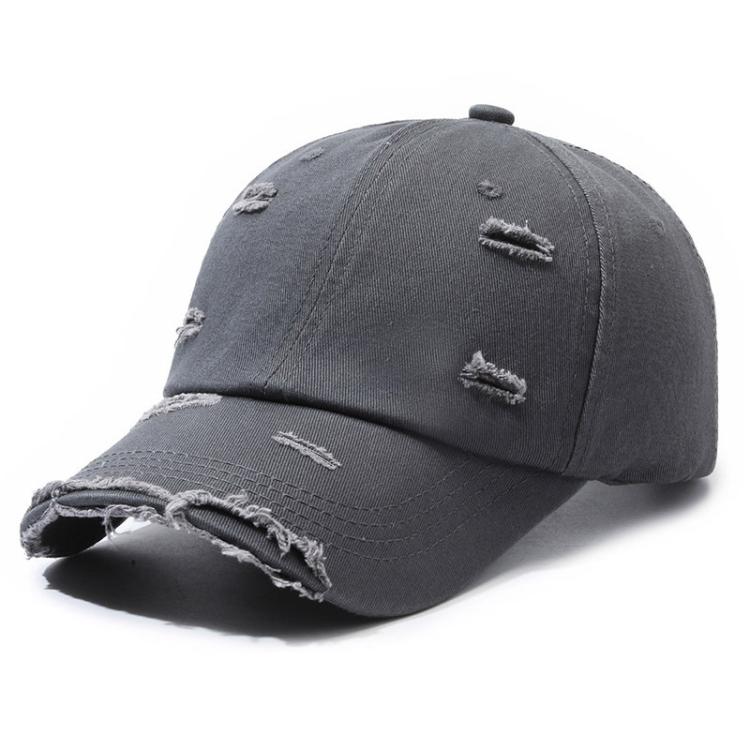 Distressed gray ripped baseball cap with frayed brim and ripped front fabric accents