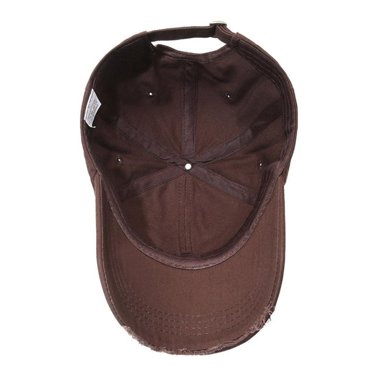 Distressed baseball cap with frayed panels and curved brim, dark brown