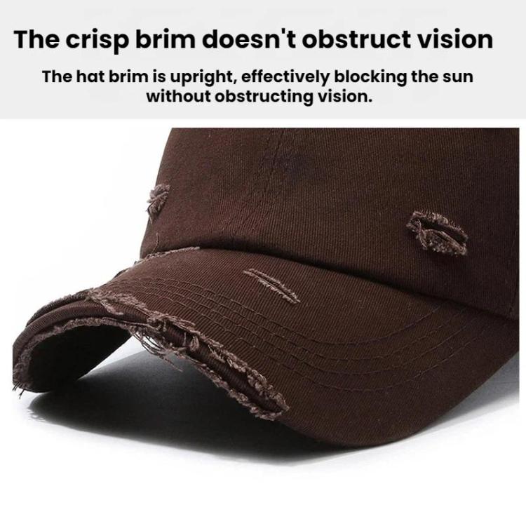 Distressed baseball cap with ripped brim and stitched crown, dark brown