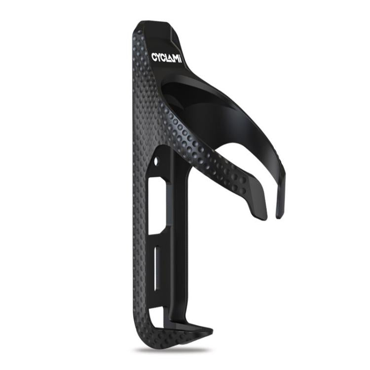 Black bicycle water bottle cage holder with textured surface and open bottle slot