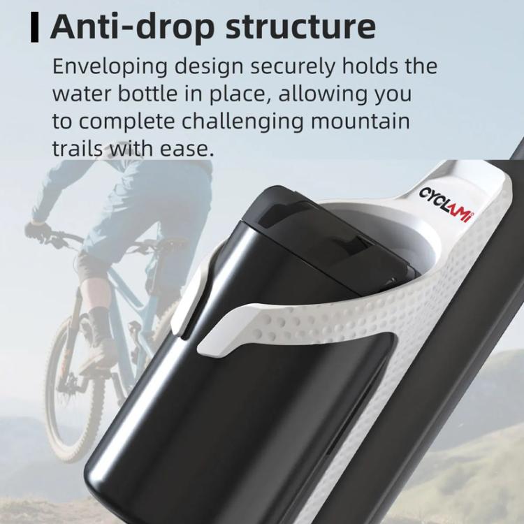 Black bicycle water bottle cage cup holder with curved design and side supports