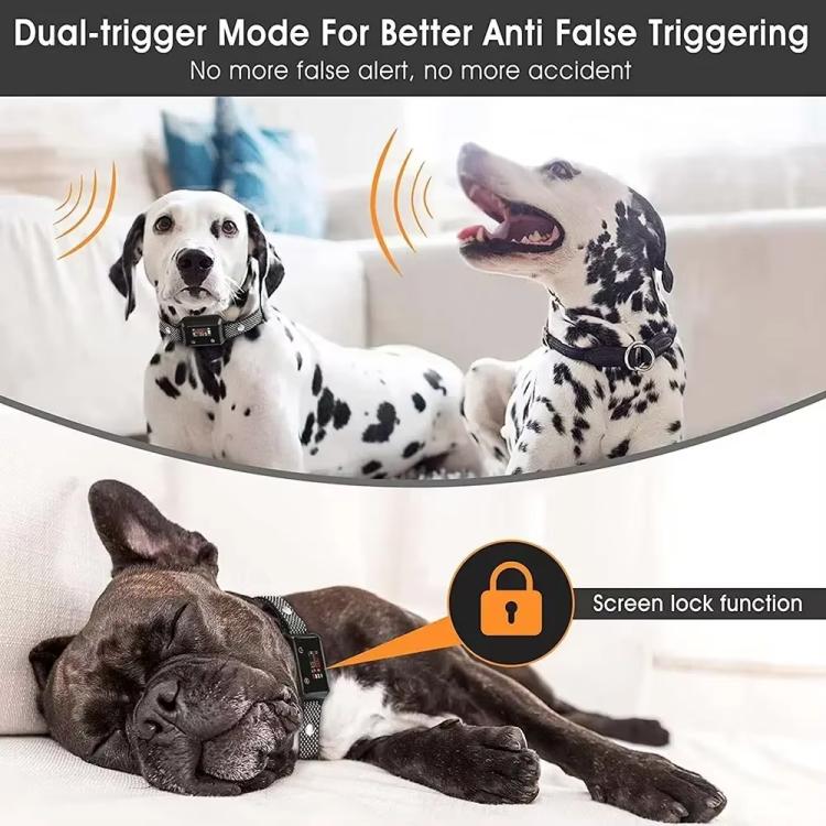 No-shock bark collar worn by dogs, gray woven straps and black screen controller.