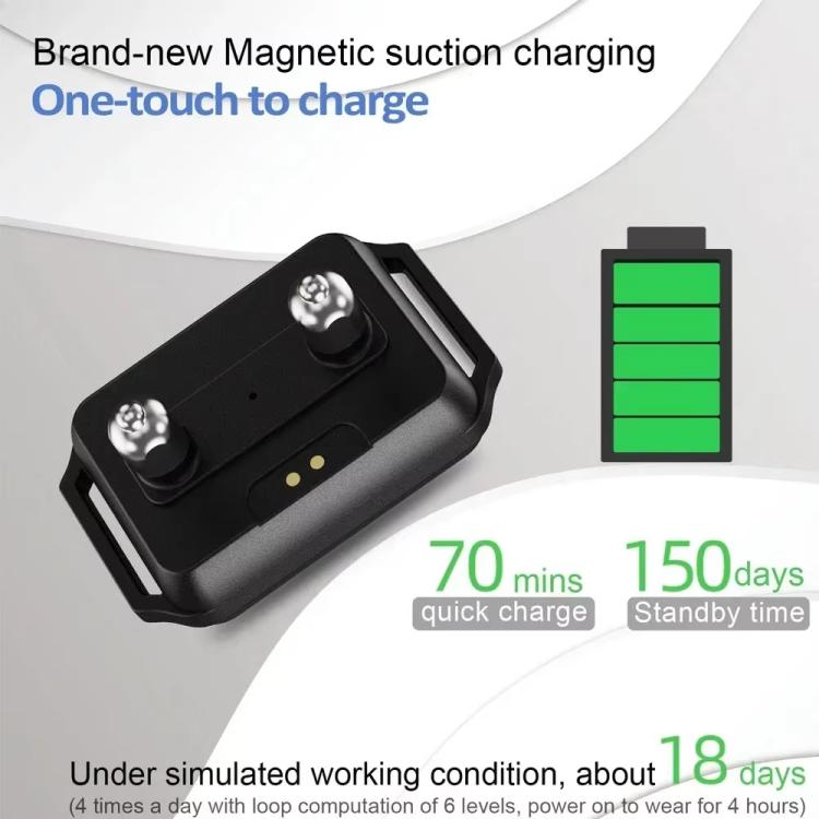 Magnetic suction charging for dog bark collar, with battery level indicator.
