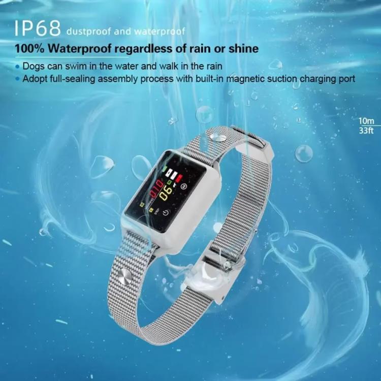 Waterproof dog bark collar with color screen on gray woven strap, sealed design.