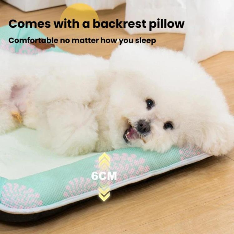 Pet cooling mat with backrest pillow, mint patterned trim and 6cm raised edge