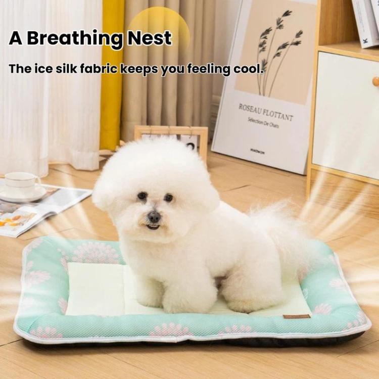 Dog resting on breathable cooling mat with raised backrest pillow; mint border and white center
