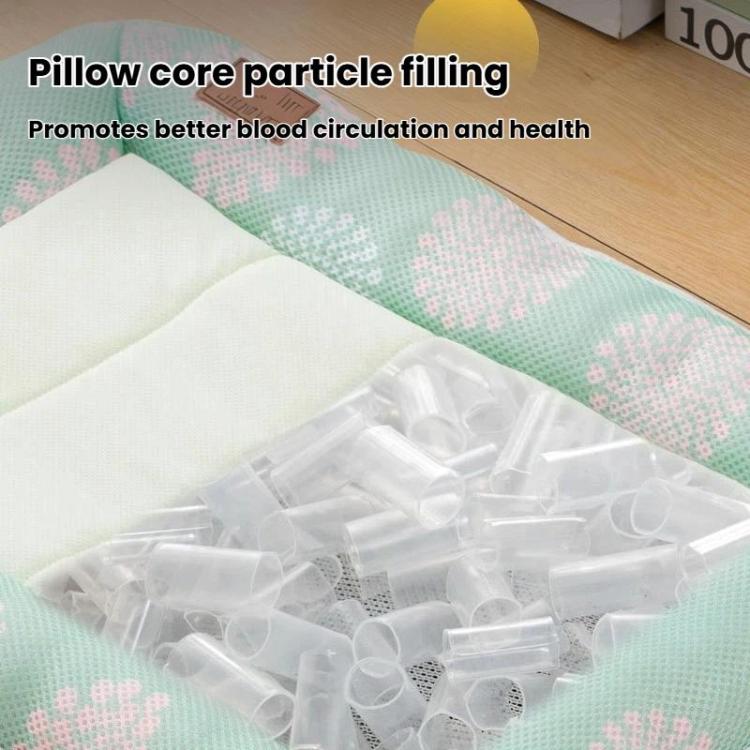 Cooling mat pillow core with transparent particle filling under the white quilted panel