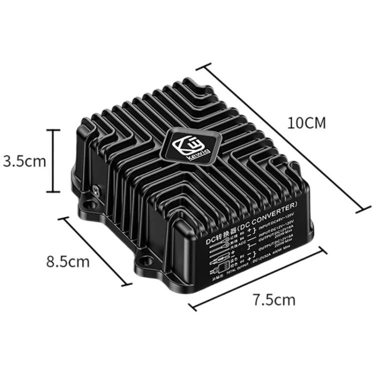 Black DC power converter module with mounting feet and size markings