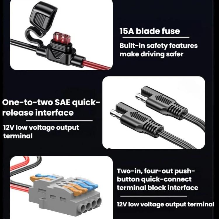 DC-DC vehicle converter with SAE quick-release plug, blade fuse, and 12V terminals