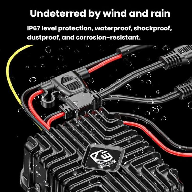 Weather-sealed DC converter with red and black wires and protective casing