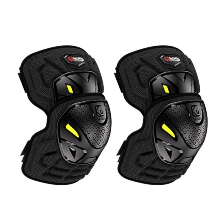 Two black protective elbow and knee pads with yellow reflector panels and molded TPU shells