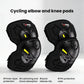 Set of two black elbow and knee pads with yellow reflective strips and protective shells