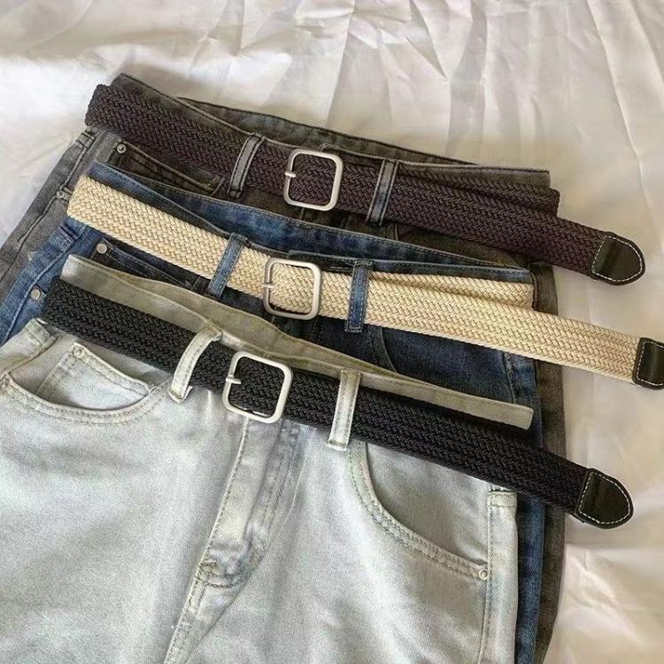 Woven Canvas No Perforation Square Buckle Belt, 105cm