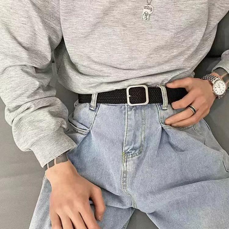 Woven Canvas No Perforation Square Buckle Belt, 105cm