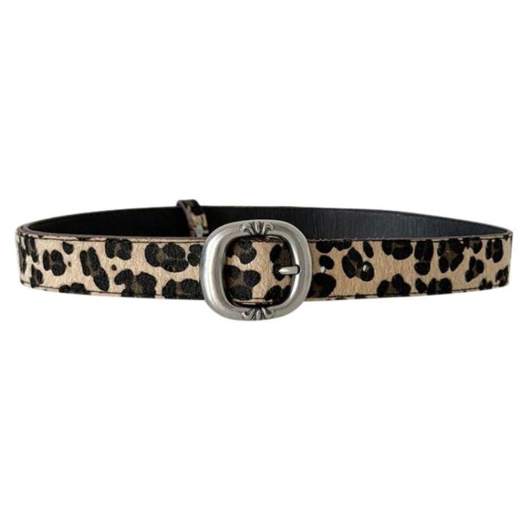 Leopard Print Mohair Leather Belt with Metal Buckle