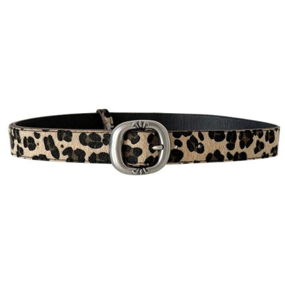 Leopard Print Mohair Leather Belt with Metal Buckle