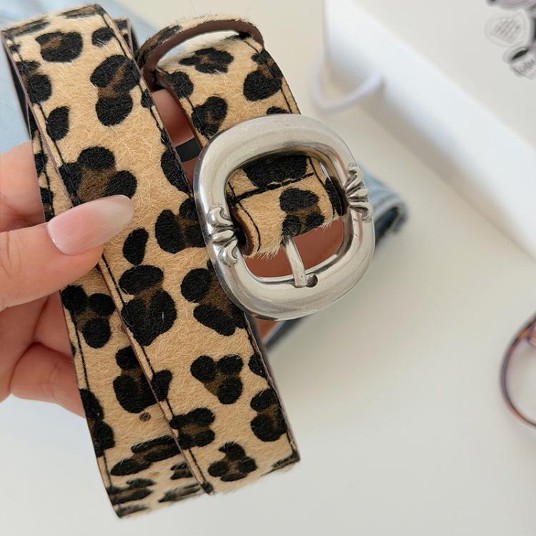 Leopard Print Mohair Leather Belt with Metal Buckle
