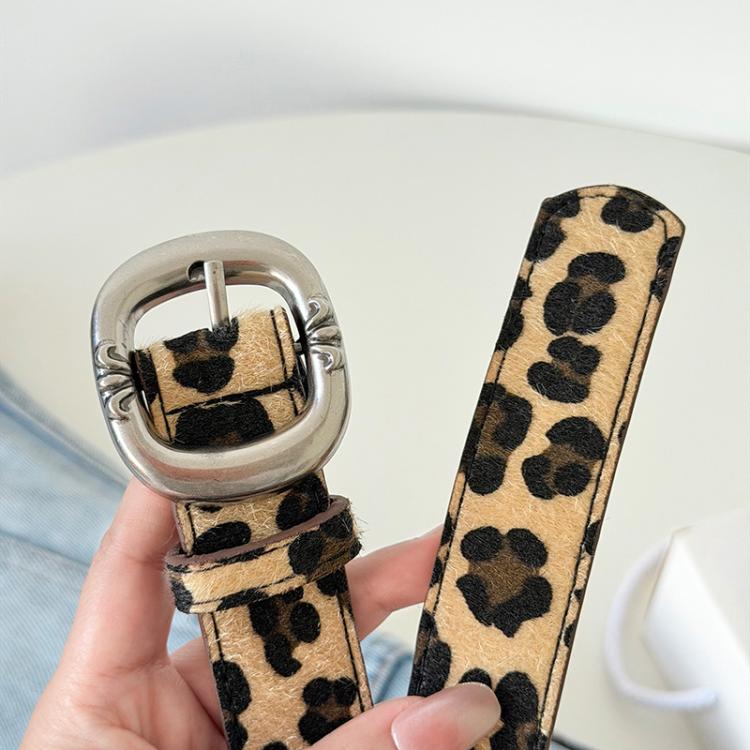 Leopard Print Mohair Leather Belt with Metal Buckle