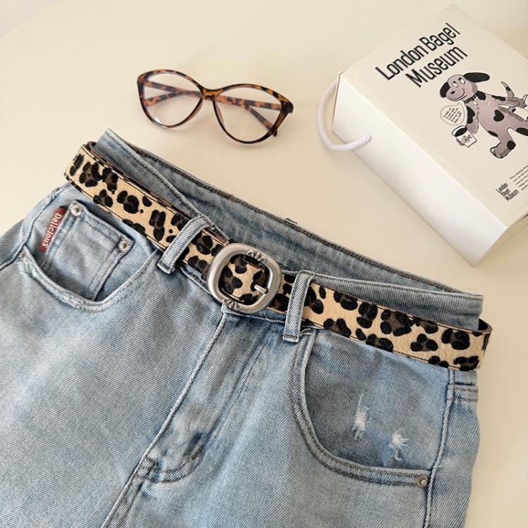 Leopard Print Mohair Leather Belt with Metal Buckle