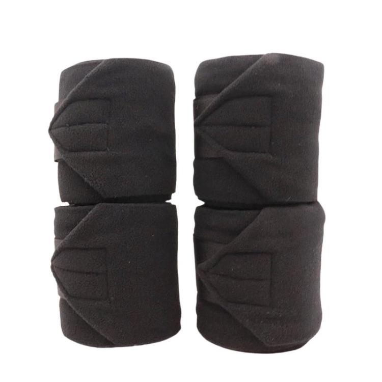 Set of 4 thick fleece horse leg wraps, black, with adhesive fastening pads.