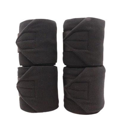 Set of 4 thick fleece horse leg wraps, black, with adhesive fastening pads.