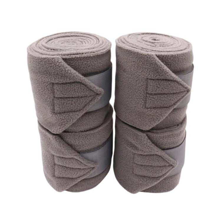 Set of 4 thick fleece horse leg wraps, gray, with adhesive fastening pads.