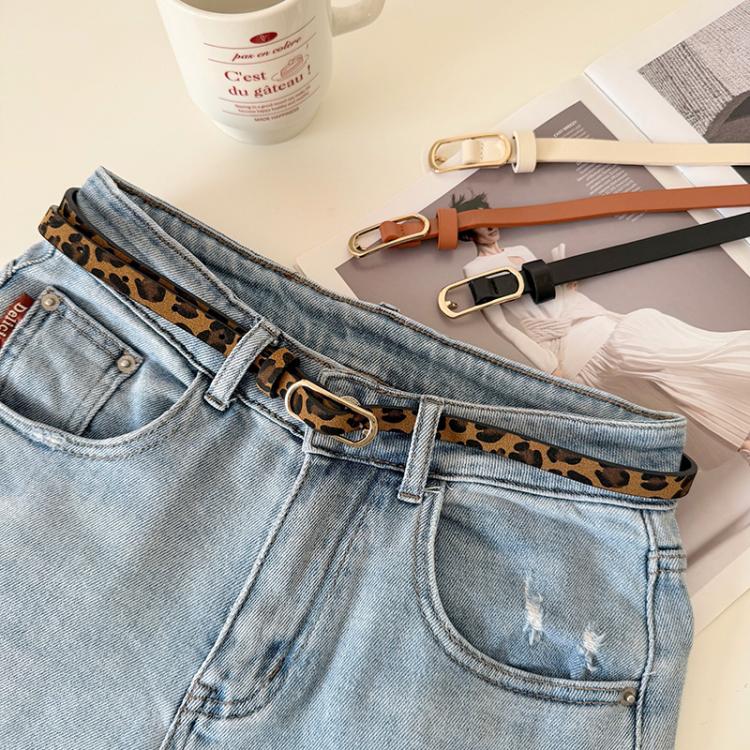 Women Dress-Embellished Denim PU Thin Belt, Leopard Print, White, Black, Light Tan