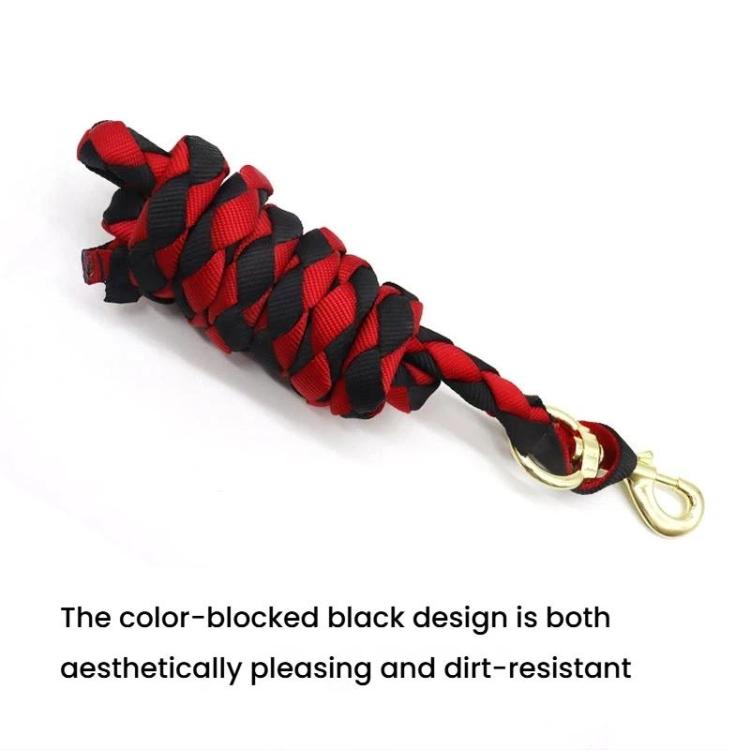 Braided red and black lead rope with gold clip and loop for tethering