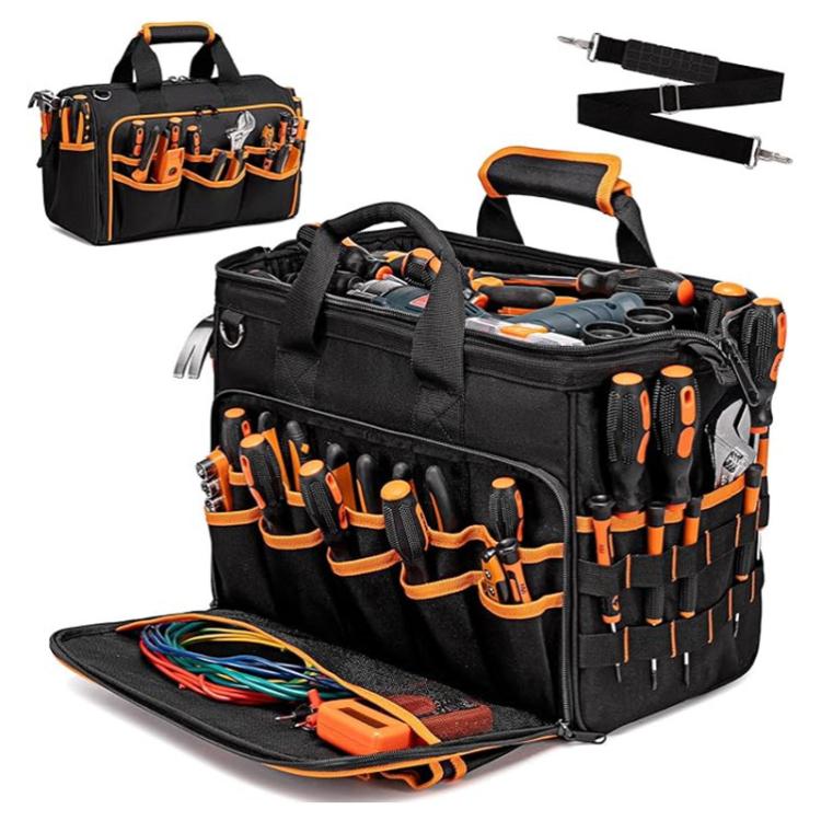 Black tool tote with orange trim, wide opening, multiple front pockets and tool organizer