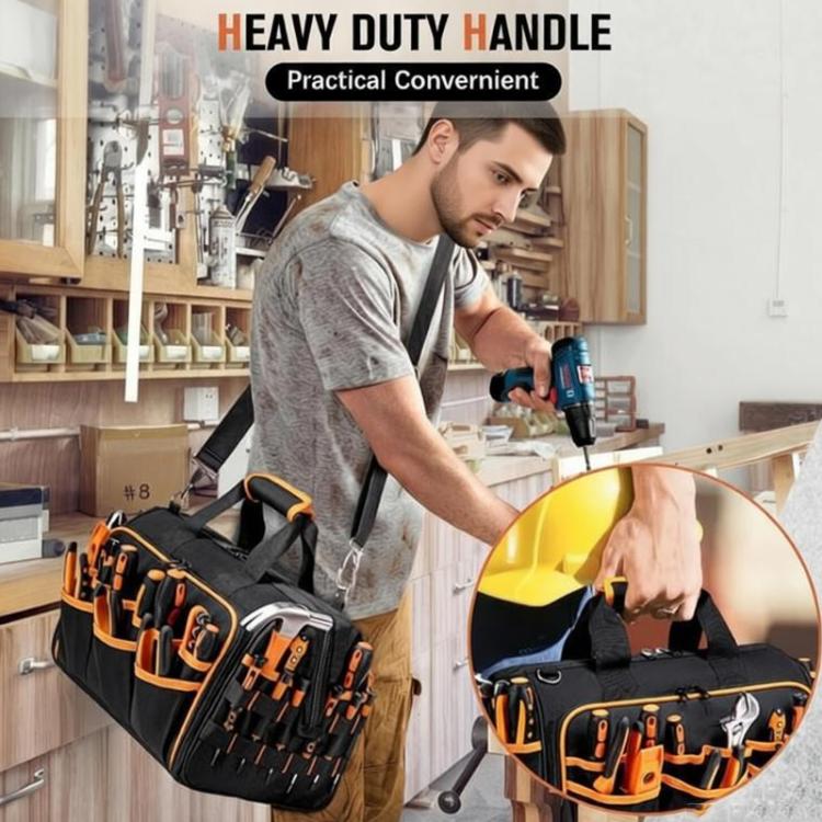 Black heavy-duty tool bag with orange accents, handles and shoulder strap, front organizer pockets
