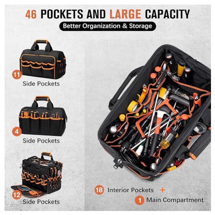 Black tool bag organizer with orange piping, side pockets and open main compartment