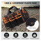 Black tool tote with orange trim, rigid base, wide open top and front row of pockets