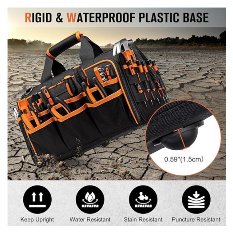 Black tool tote with orange trim, rigid base, wide open top and front row of pockets