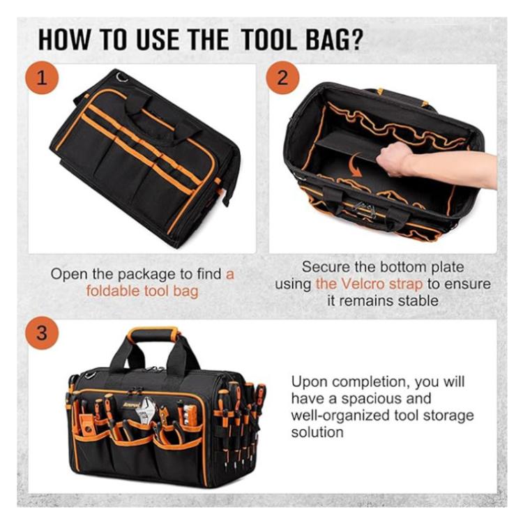 Black tool bag with orange trim, top opening with adjustable strap for secure closure