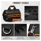 Black tool tote with orange piping, double zipper, D-ring and sturdy strap fasteners