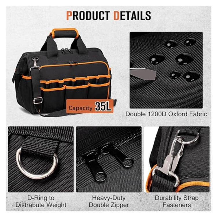Black tool tote with orange piping, double zipper, D-ring and sturdy strap fasteners