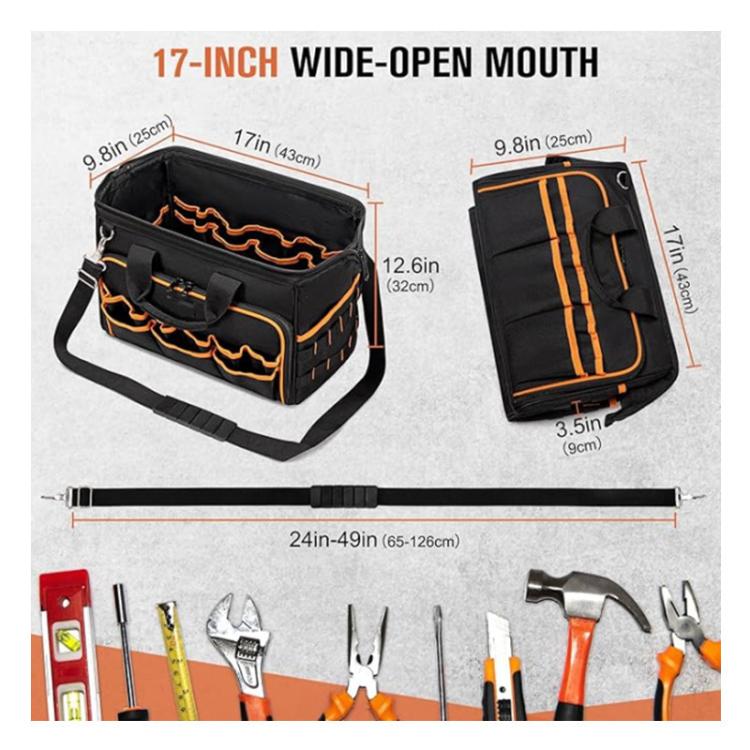 Black wide-mouth tool bag with orange piping, two side outer pockets and long carrying strap