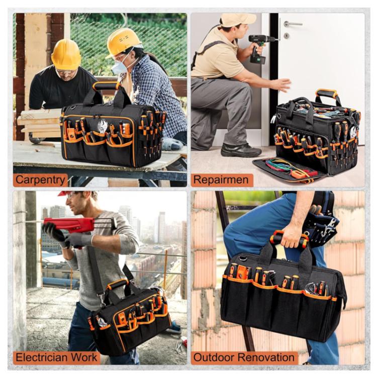 Black tool bag with orange trim, front pocket organizer and shoulder carry handle in use