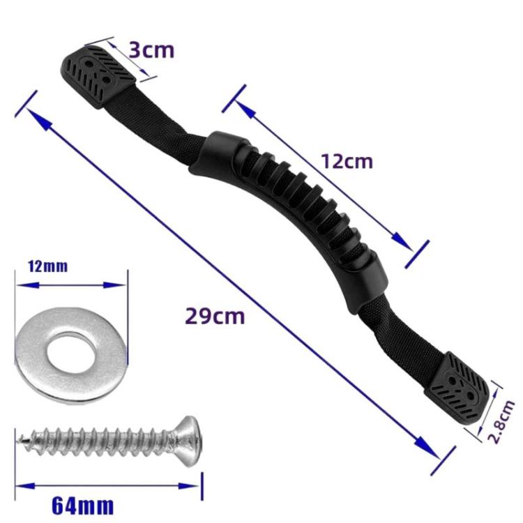 Black kayak carry handle with double-hole end pad, 29 cm strap, includes screw
