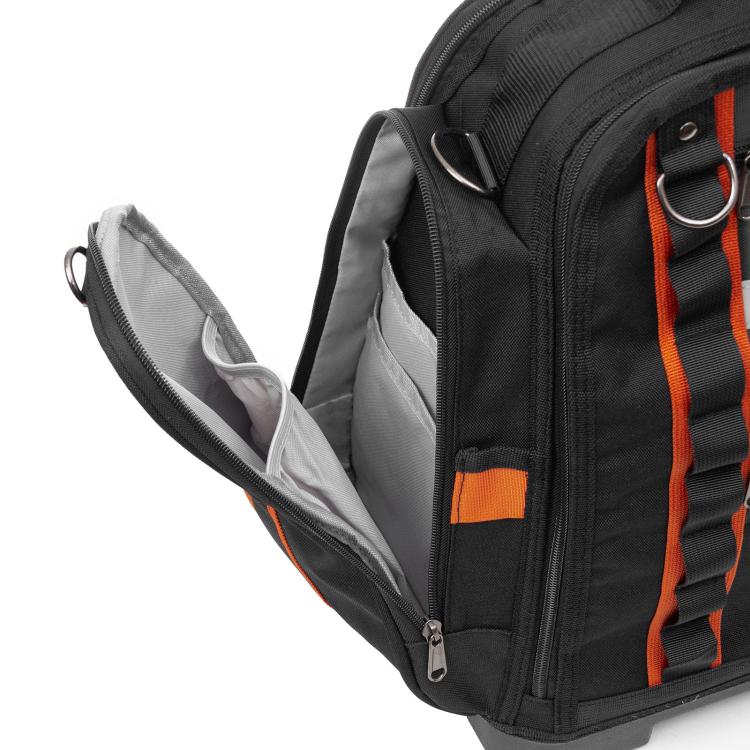Black tool tote bag side view with zipper pocket and orange-and-black webbing strap