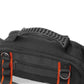 Black tool tote bag top with padded handle and zippered compartment panel