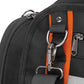 Black tool tote bag close-up of metal hooks and orange webbing strap