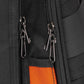 Black tool tote bag close-up of zipper pulls and orange interior label patch